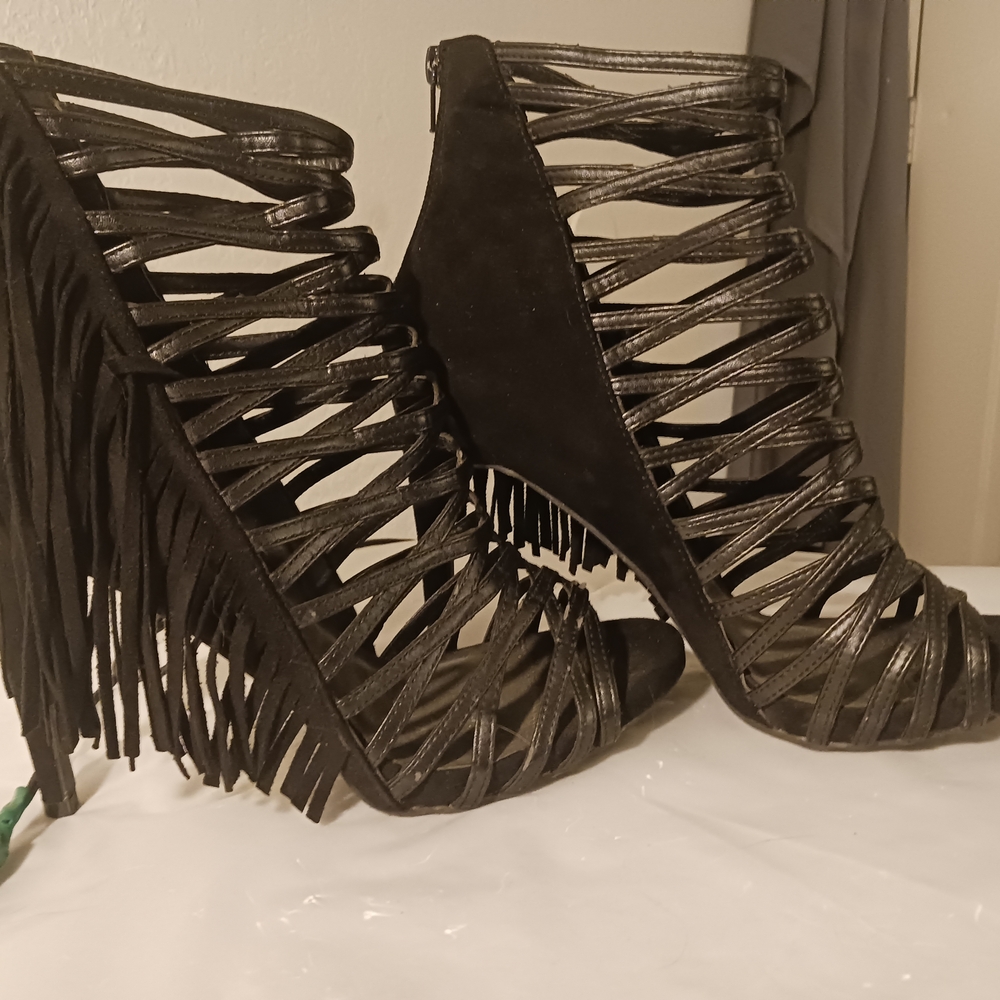 Black Strappy Fringe Women's Shoes